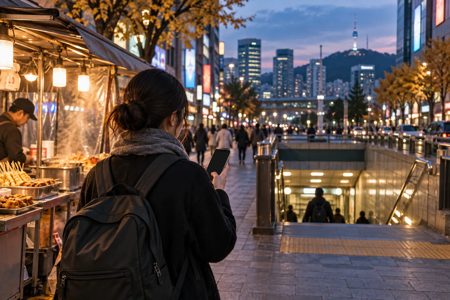 Traveler checking a phone near a Seoul street-food stall and subway entrance at dusk