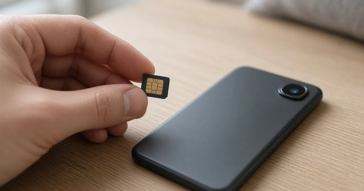 Fingers holding a nano-SIM card beside a smartphone ready for eSIM conversion