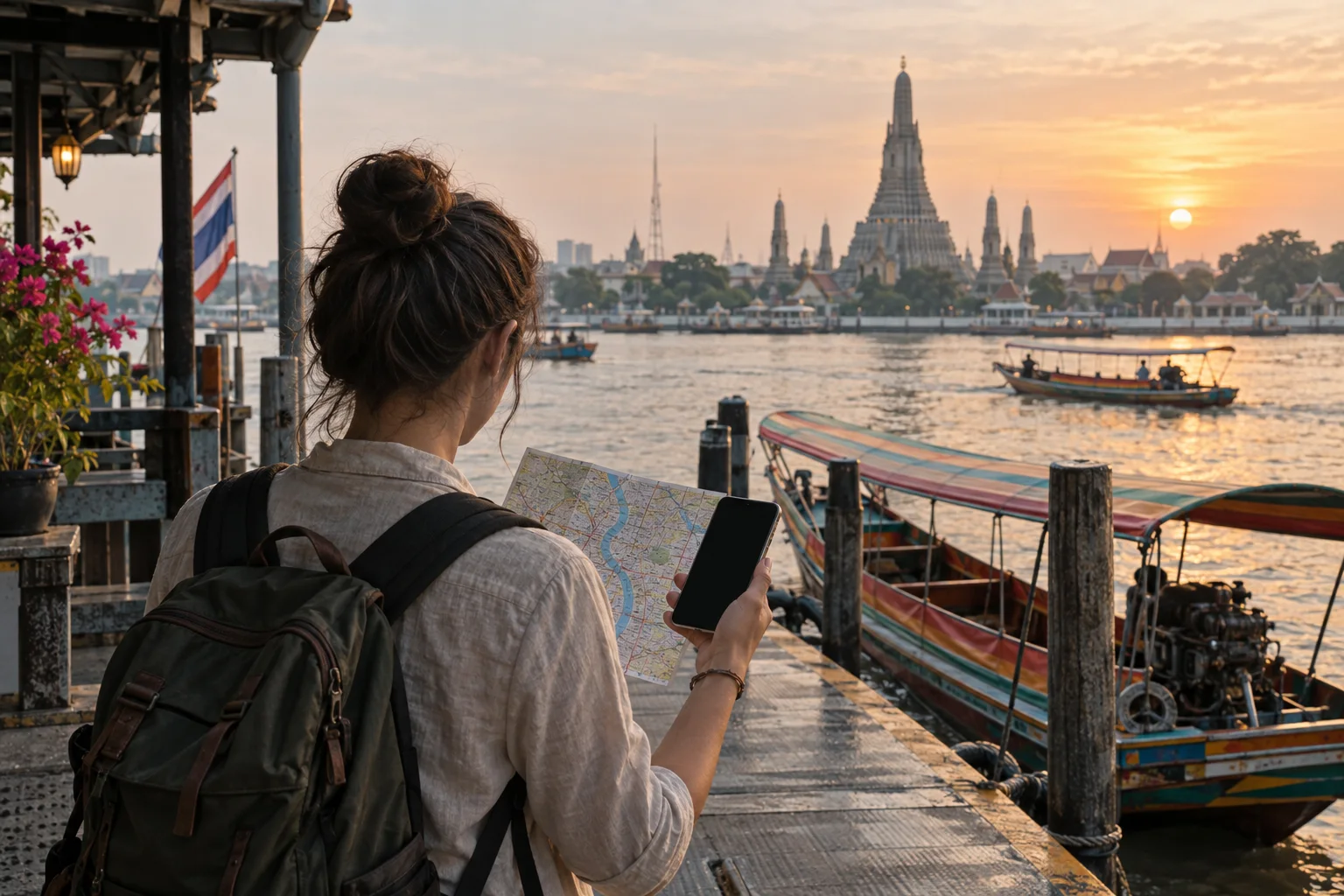 Traveler checking a paper route map and phone at a Bangkok riverside pier at sunrise