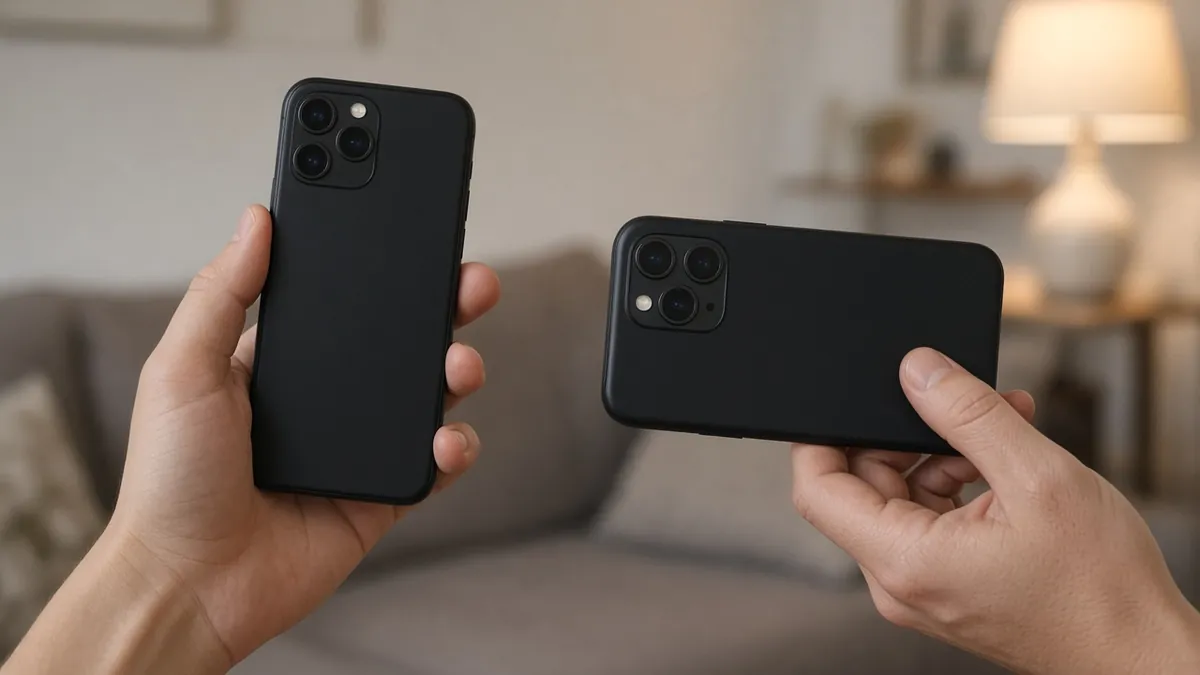 Hands aligning two smartphones for an Android-to-iPhone eSIM transfer scan
