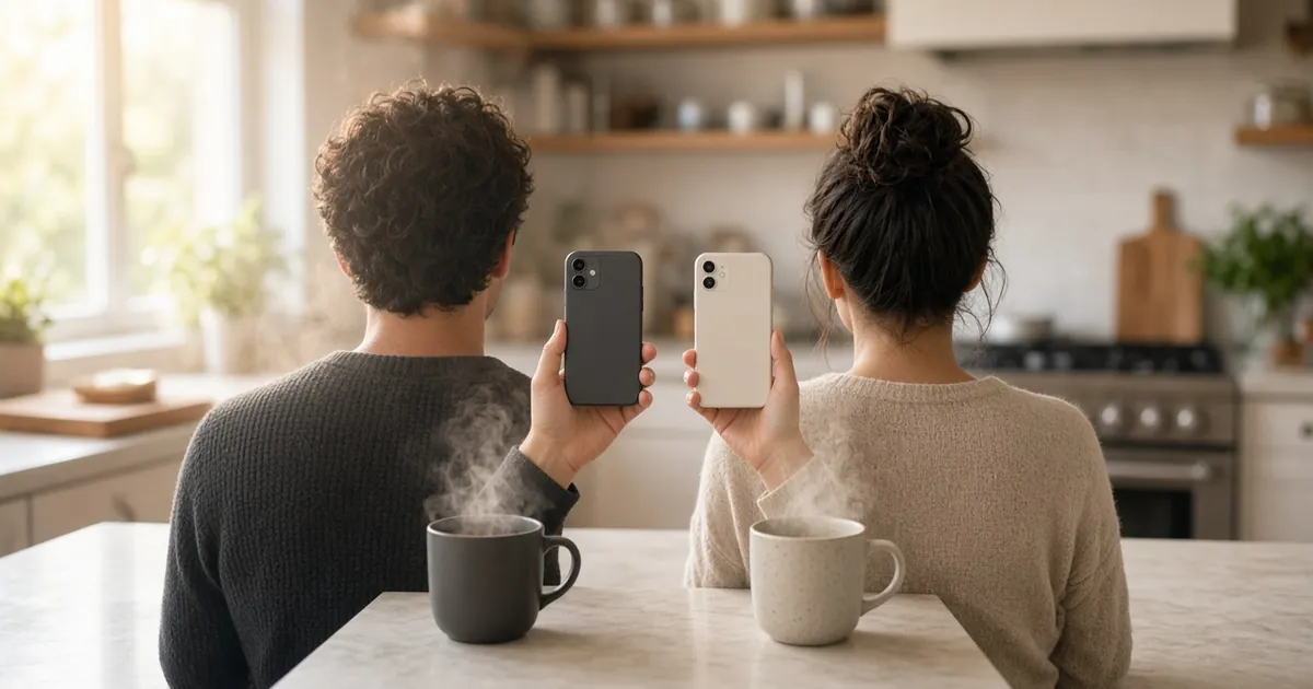 Two people from behind holding smartphones during a cross-platform eSIM transfer