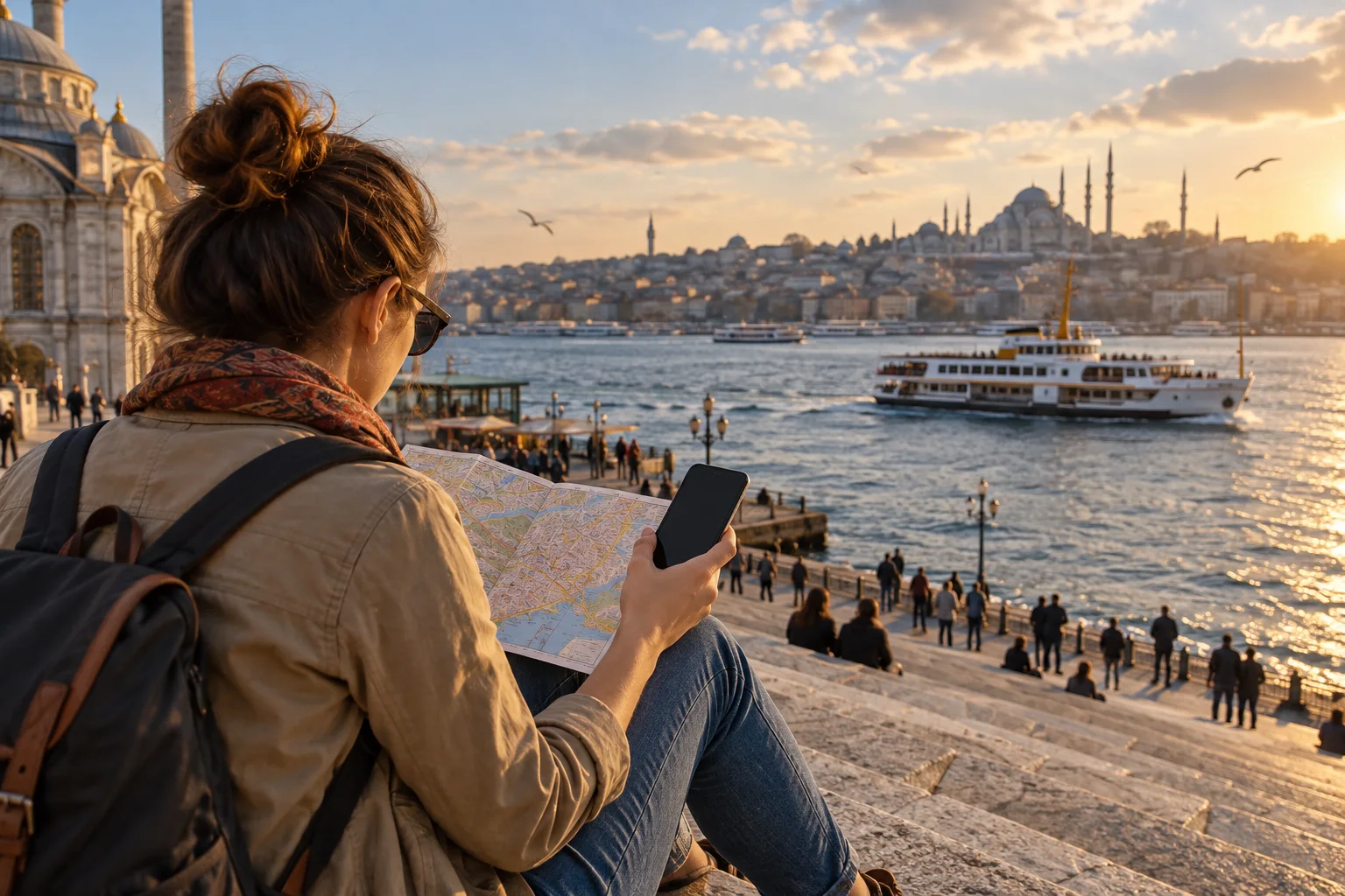 Traveler checking a phone and paper city map beside Istanbul’s Bosphorus at golden hour