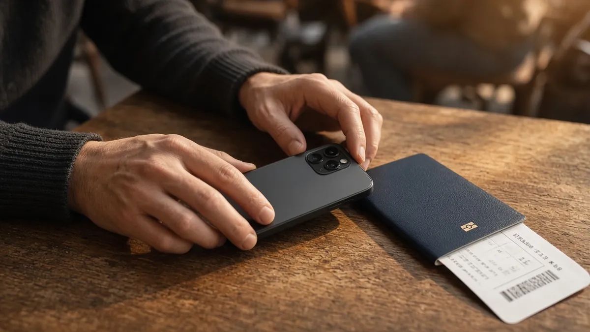 Hands resting a smartphone beside a passport on a café table while pausing an eSIM