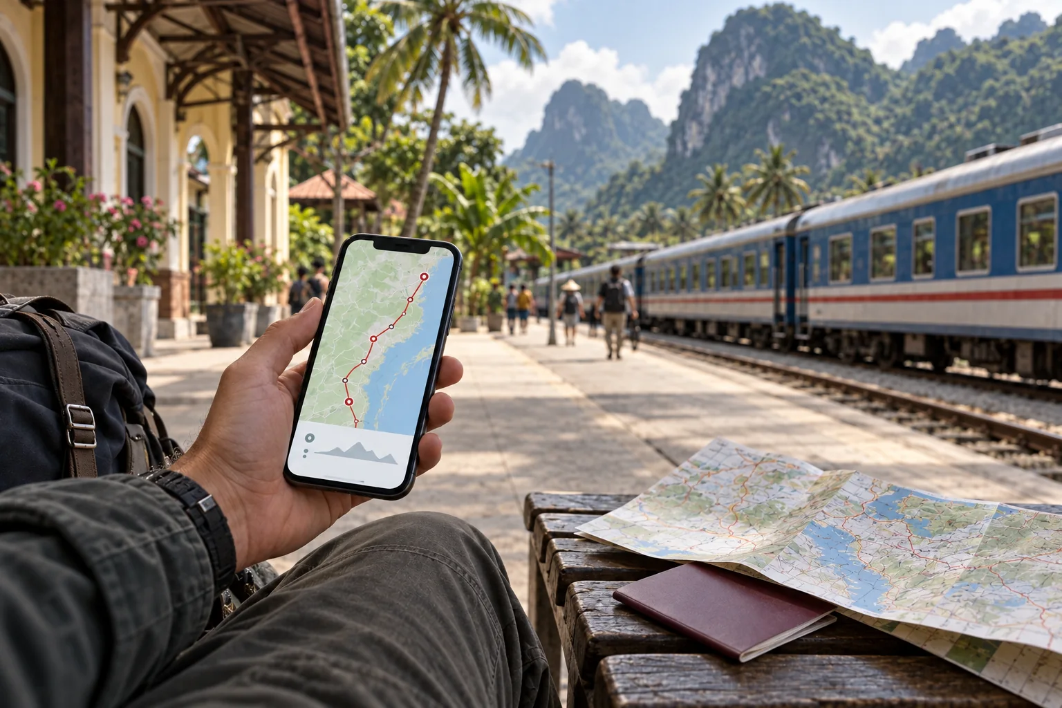 Traveler checking an abstract route map on a phone at a Vietnamese railway platform with tropical hills in the distance