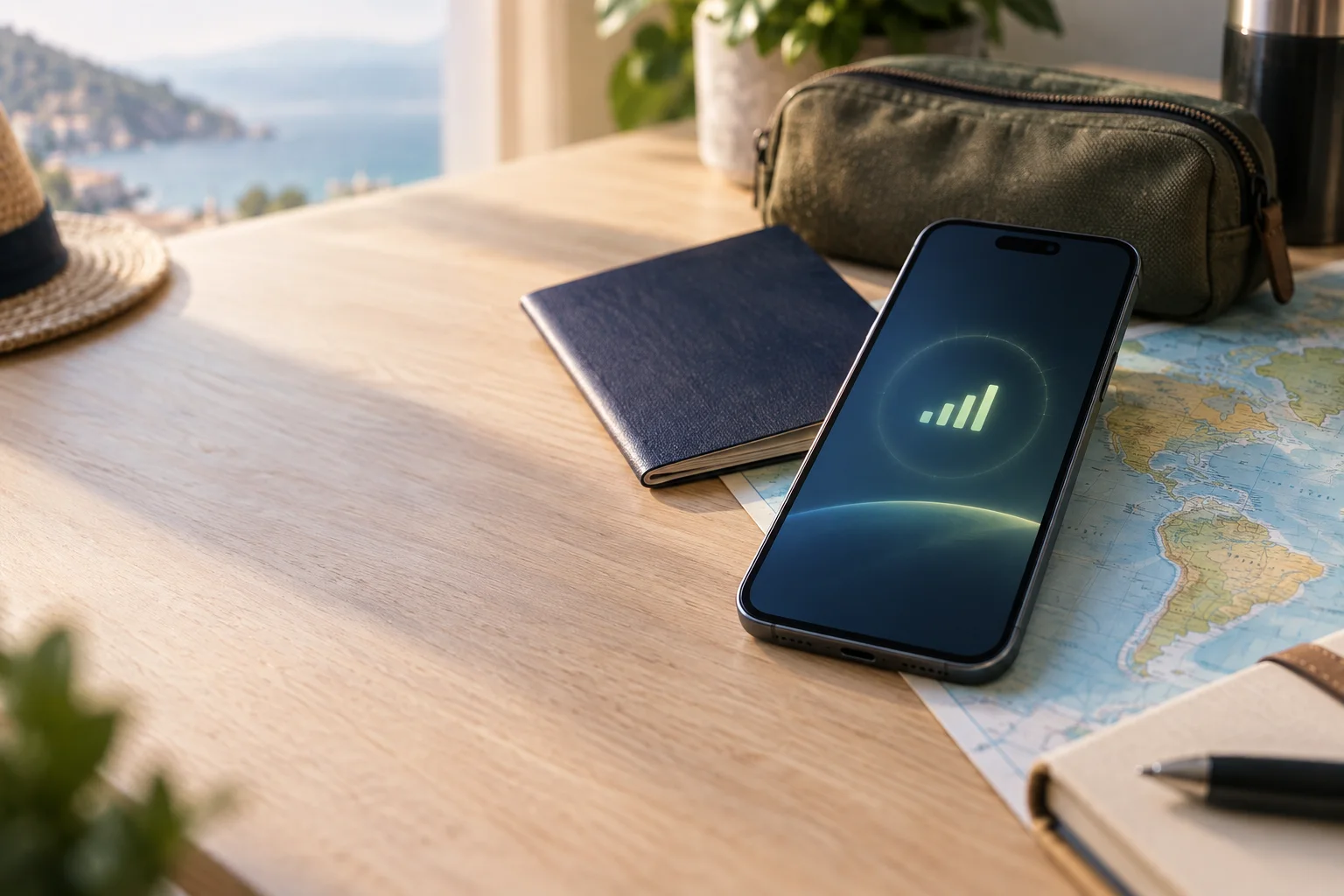 Smartphone showing a generic cellular signal beside a passport, travel map and pouch on a sunny desk